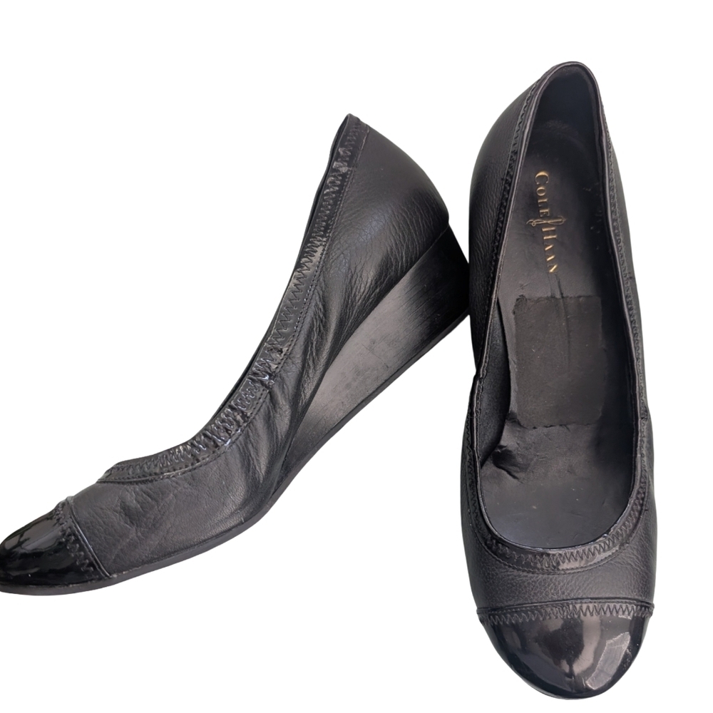 Cole Haan Black Leather Cap Toe Wedge Pumps Size 8